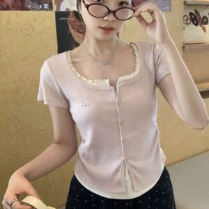 假兩件拼接蕾絲上衣 (杏/灰/粉/紫)