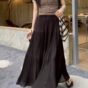 雪紡紗壓褶長裙 杏/黑/白/藍/紫