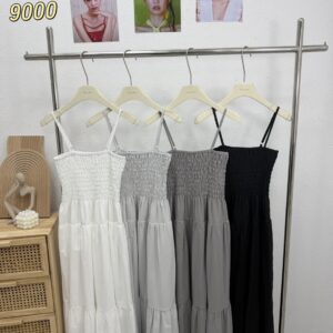 細肩鬆緊蛋糕連身洋裝 (白/淺灰/黑/深灰)