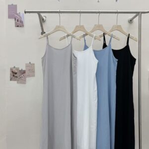 細肩紋理吊帶長洋裝 (白/灰/黑)