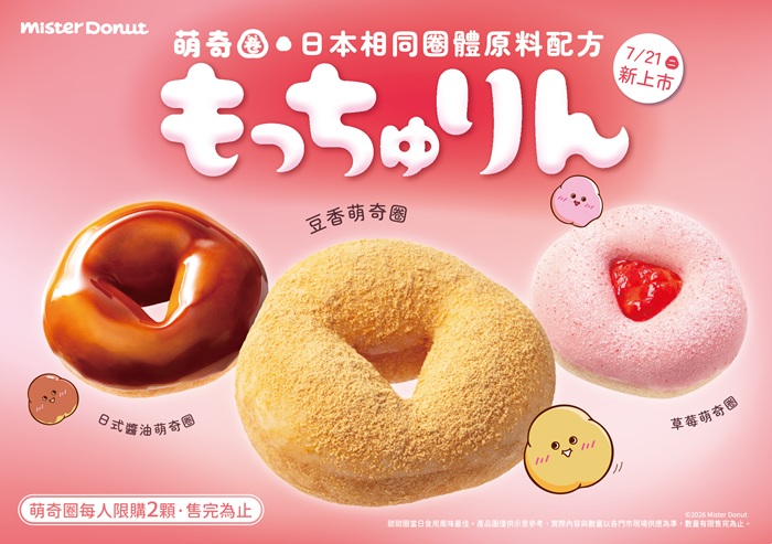 日本甜甜圈話題新品「萌奇圈もっちゅりん」正式登台 Mister Donut 日本爆紅「萌奇圈」登台！萌奇圈麻糬般Q嫩口感，5款萌奇圈口味、萌奇圈價格與萌奇圈買6送2優惠攻略 image 4