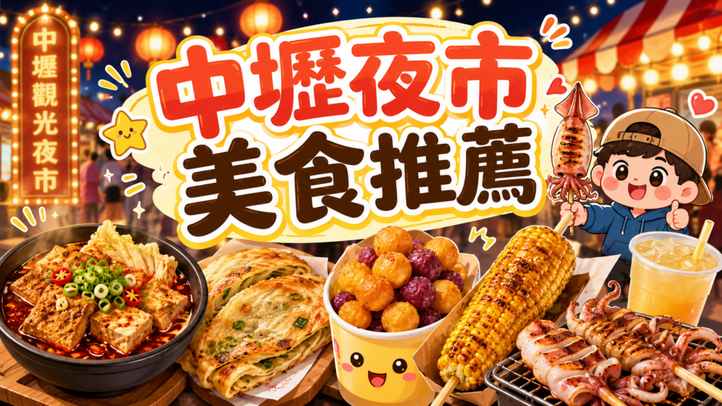 桃園中壢吃什麼？桃園中壢宵夜攻略 中壢夜市美食推薦｜15 家新明夜市必吃，中壢夜市麻辣臭豆腐、中壢夜市石頭燒餅、中壢夜市地瓜球 美食攻略 簡師傅麻辣臭豆腐、石頭燒餅、日寶蔥油餅餡餅、合家現燙魷魚、李媽媽黃金 QQ 球、混蛋爆蝦、龍鬚糖、龜苓膏與營養三明治 image 1