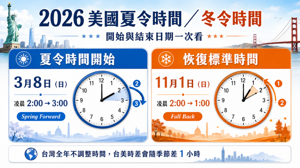 2026 美國夏令時間與冬令時間｜3月8日開始、11月1日結束，台美時差一次看 image 1