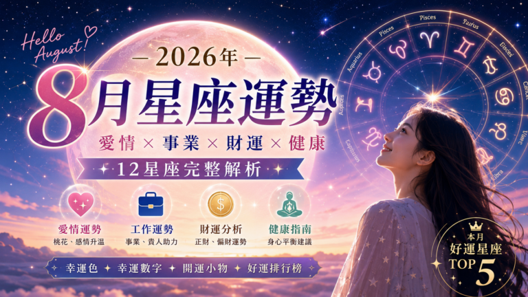 2026年8月星座運勢｜12星座愛情、工作、財運、健康與好運排行榜完整解析