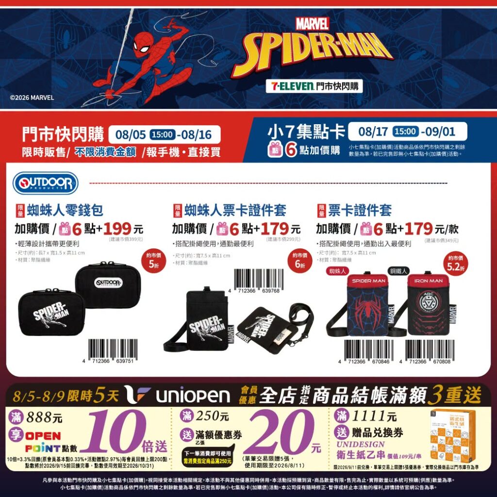 7-11 蜘蛛人 7-ELEVEN 蜘蛛人 集點 2026｜7-11 蜘蛛人親子後背包、7-11 蜘蛛人午餐袋、7-11 蜘蛛人自動傘與7-11 蜘蛛人零錢包價格攻略 image 1
