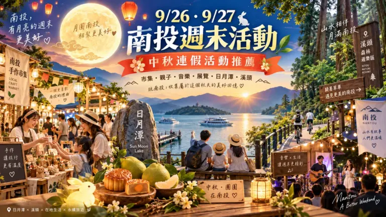9/26、9/27 南投中秋節活動推薦|武德市集、草屯中秋市集、溪頭音樂會、日月潭親子活動 南投武德市集、中秋剝柚與親子DIY、草屯「挑食計畫」中秋蔬食市集、溪頭米堤《秋笛映月 樂音傳情》音樂會與蛋黃酥DIY、日月潭雲品博狀元與桂香冰皮月餅、竹藝博物館《竹.生活的千年智慧》、陳瓊茹《冠藝之境》免費展,以及中興分館假日電影