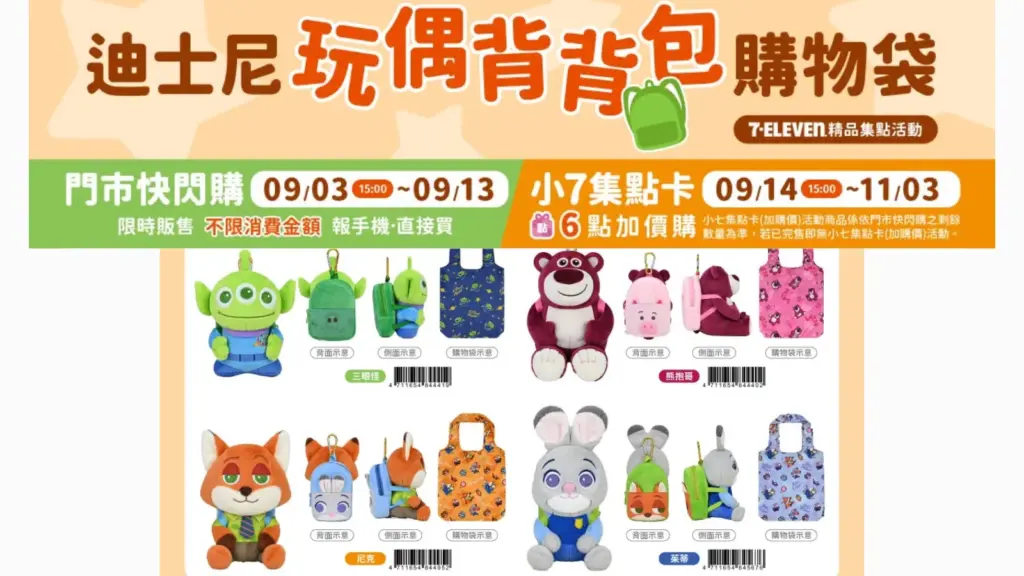 7-11 三眼怪 購物袋、7-11 熊抱哥 背背包、7-11 尼克、7-11 茱蒂 7-ELEVEN 迪士尼 玩偶背背包 購物袋 9/3 開賣！三眼怪、熊抱哥、尼克、茱蒂4款 7-ELEVEN迪士尼「5吋玩偶背背包購物袋」 image 1